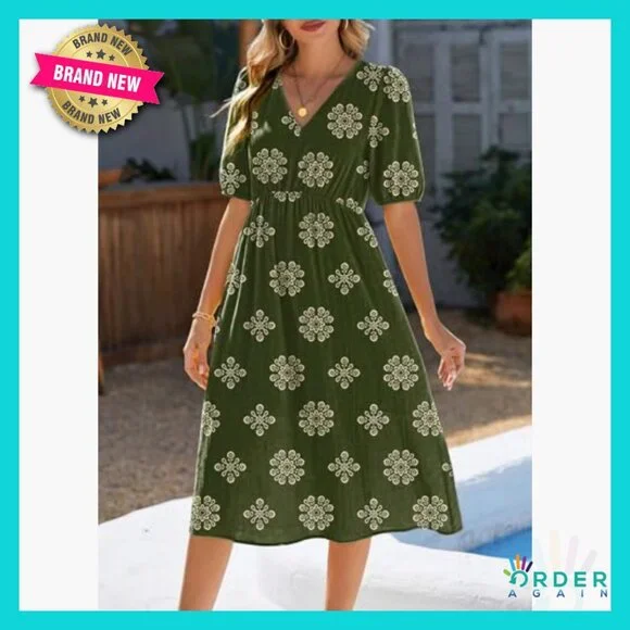 Boho Maxi Dress Flowy V Neck Short Sleeve Casual Summer Elegant with Pockets - Picture 2 of 7